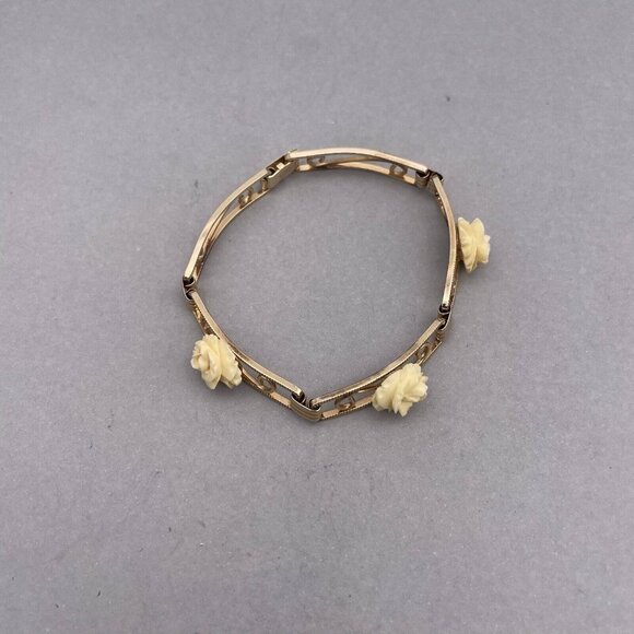 Vintage Amco 14k Gold Filled Celluloid Rose Five Panel Bracelet - Picture 2 of 8